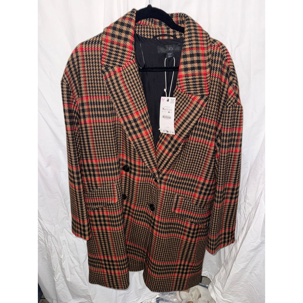 Zara Womens XL Plaid Double Breasted Overcoat Brown Red Houndstooth Long Jacket